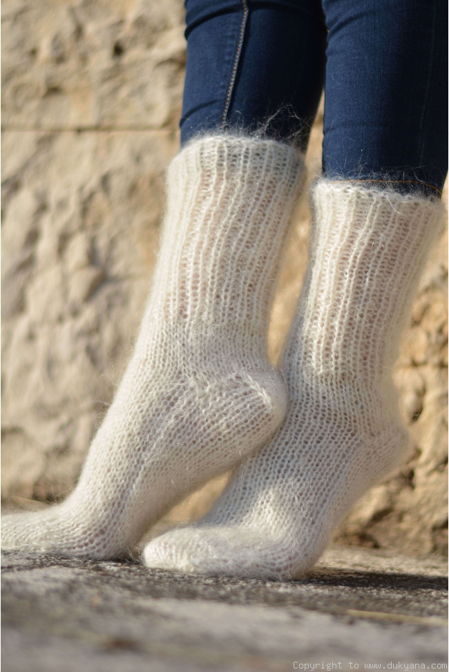 Mohair socks in Ivory unisex hand knitted/SO13