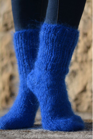Mohair socks in royal blue unisex hand knitted