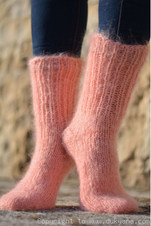Mohair socks unisex hand knitted in peach