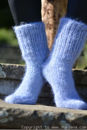 Mohair socks unisex hand knitted in blue
