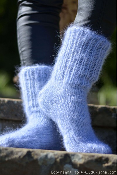 Mohair socks unisex hand knitted in blue