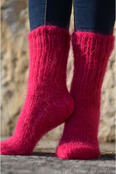 Mohair socks unisex hand knitted in dark fuchsia