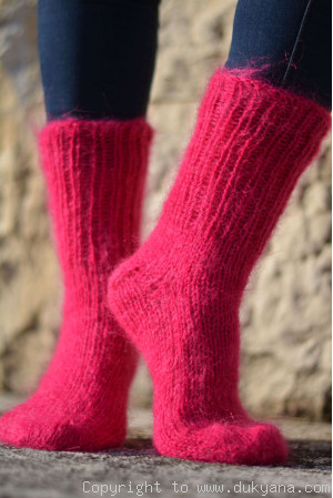 Mohair socks unisex hand knitted in dark fuchsia