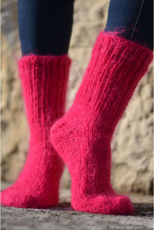 Mohair socks unisex hand knitted in dark fuchsia