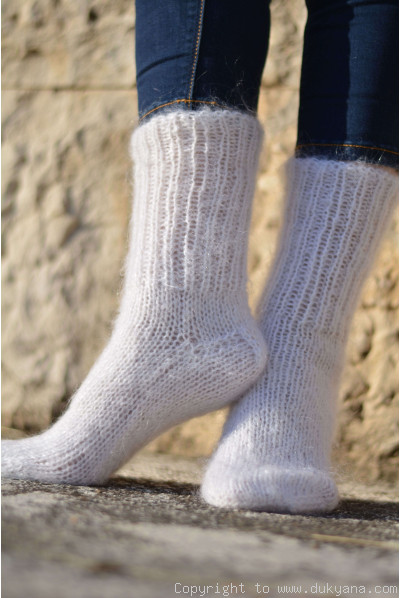 Mohair socks in white unisex hand knitted