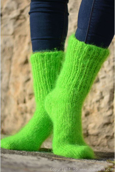 Mohair socks unisex hand knitted in neon green