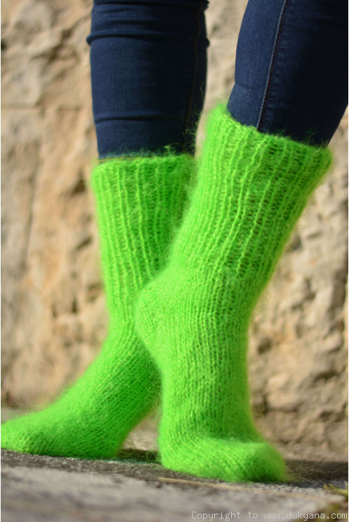 Mohair socks unisex hand knitted in neon green