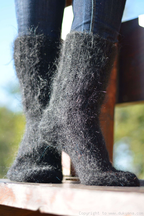 Mohair socks in black mens hand knitted