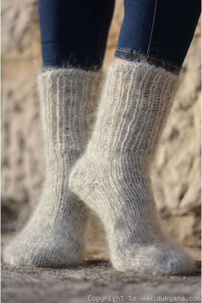 Mohair socks unisex hand knitted in heather gray