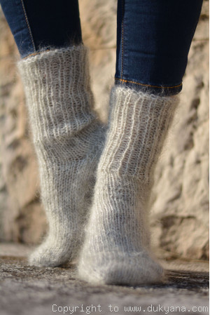 Mohair socks unisex hand knitted in heather gray