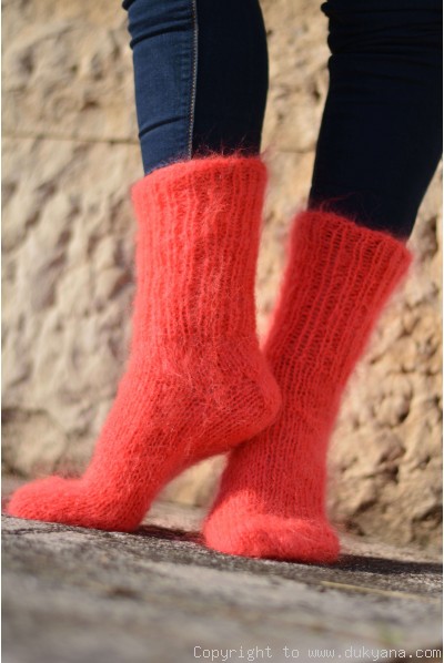 Mohair socks in neon coral unisex hand knitted