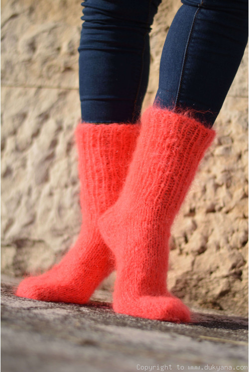 Mohair socks in neon coral unisex hand knitted