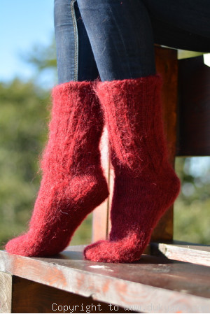 Mohair socks unisex hand knitted in burgundy red