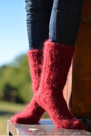 Mohair socks unisex hand knitted in burgundy red