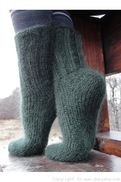 Mohair socks unisex hand knitted in hunter green