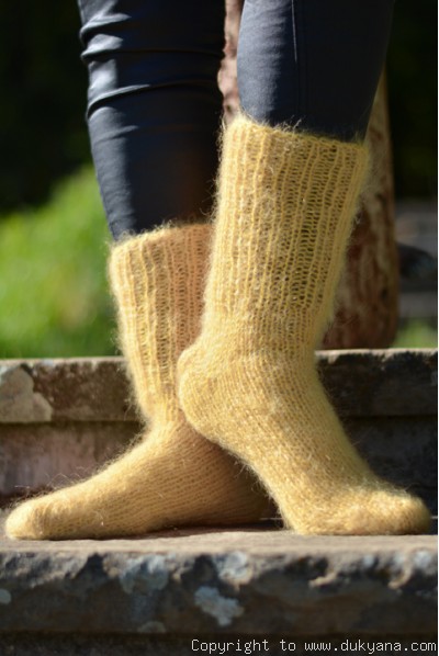 Handknit mohair socks in gold yellow