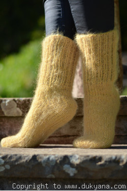 Handknit mohair socks in gold yellow