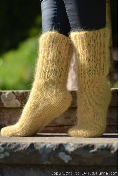 Handknit mohair socks in gold yellow