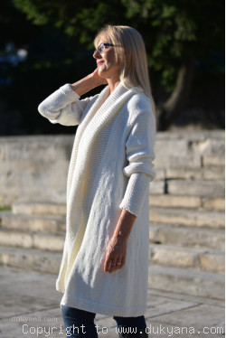 Hand knitted merino blend T-neck cabled wool sweater in Ivory/TM24