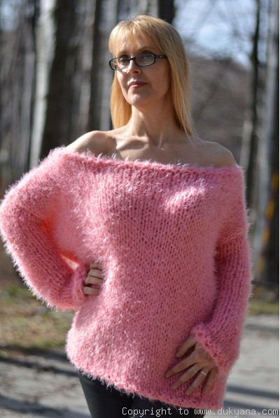 Hand knitted super soft and fuzzy slouchy summer sweater in pink