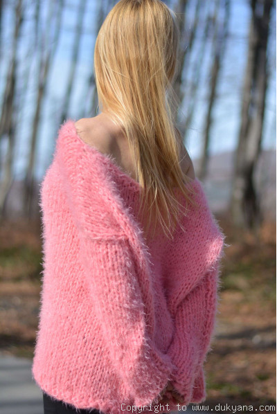 Hand knitted super soft and fuzzy slouchy summer sweater in pink