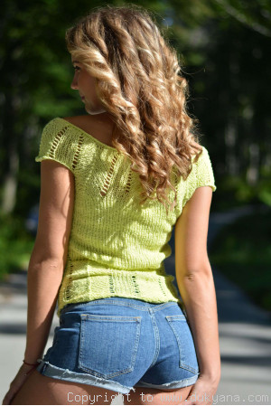 Hand knitted soft elastic off-shoulder summer top in green-limited edition