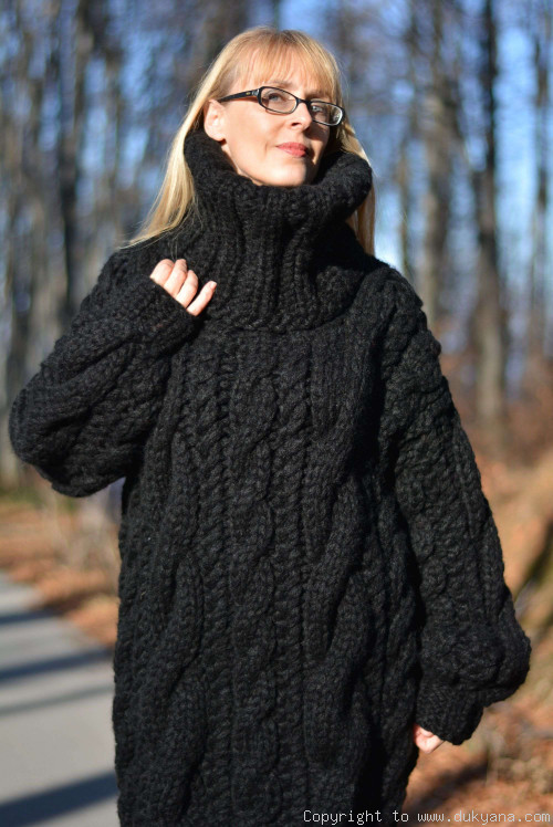 Hand knit chunky merino blend unisex huge Turtleneck cabled sweater