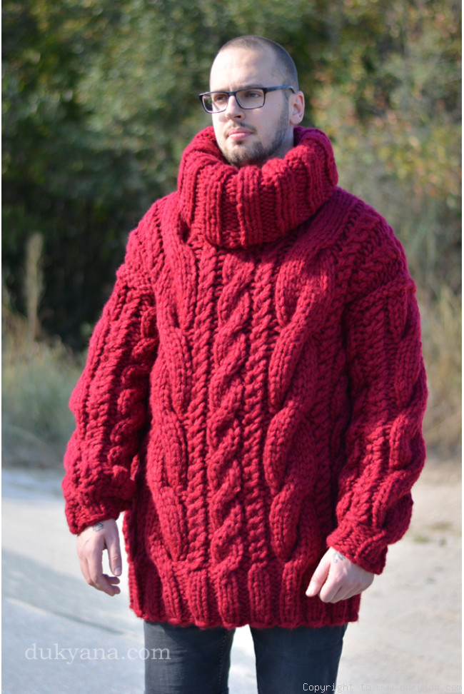 Handknit chunky merino blend huge cabled unisex sweater in red/H7