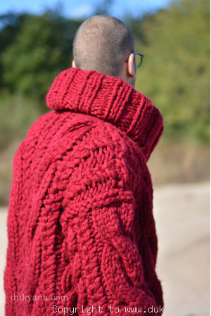 Handknit chunky merino blend huge cabled unisex sweater in red