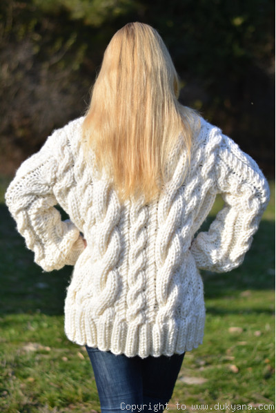 Hand knitted chunky huge T-neck cabled wool blend sweater in white