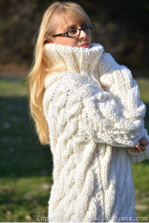 Hand knitted chunky huge T-neck cabled wool blend sweater in white