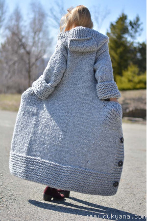 Hand knit long chunky wool blend hooded cardigan in gray