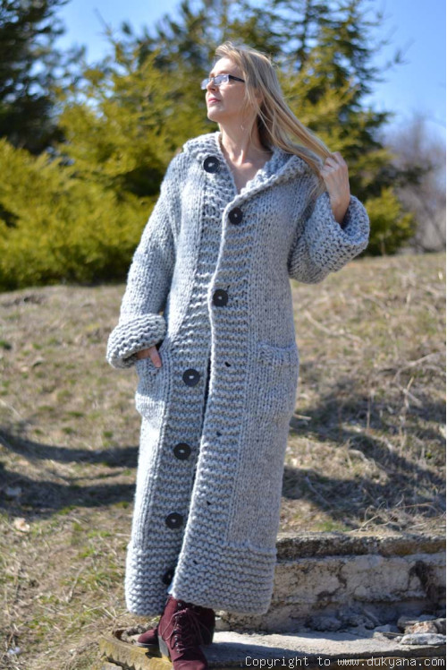Hand knit long chunky wool blend hooded cardigan in gray