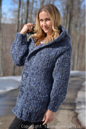 Hand knit chunky wool blend hooded cardigan in denim blue mix