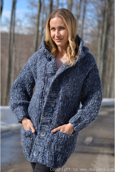 Hand knit chunky wool blend hooded cardigan in denim blue mix