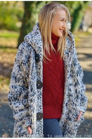 Super chunky wool cardigan with a hood in gray-white mix