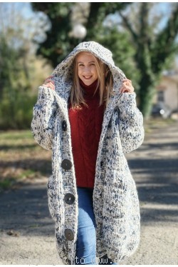 Super chunky wool cardigan with a hood in gray-white mix