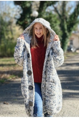Super chunky wool cardigan with a hood in gray-white mix