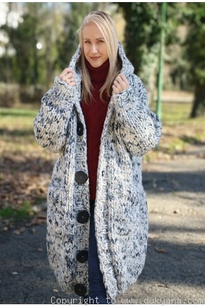 Super chunky wool cardigan with a hood in gray-white mix