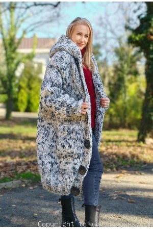 Super chunky wool cardigan with a hood in gray-white mix