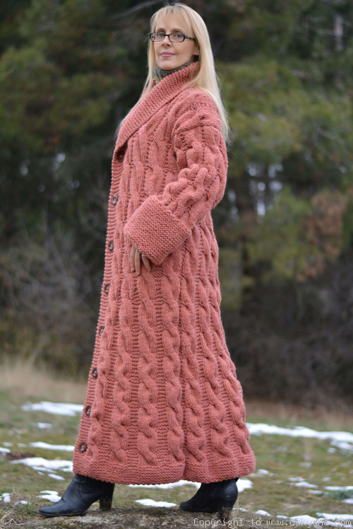 Handknit long chunky wool blend cabled cardigan