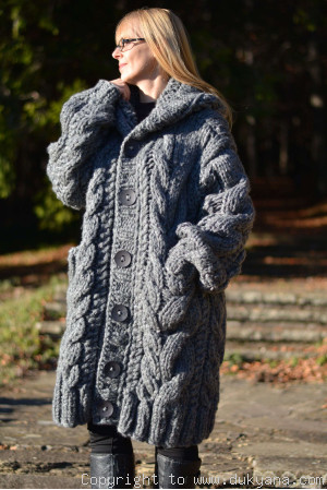 Hand knitted soft merino blend hooded mens cardigan