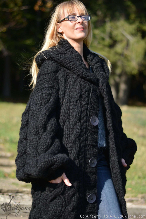 Hand knit knee-long chunky cabled wool blend unisex hooded cardigan in black