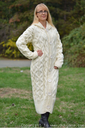 Hand knit long chunky wool blend hooded cardigan in Ivory