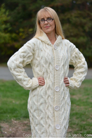 Hand knit long chunky wool blend hooded cardigan in Ivory