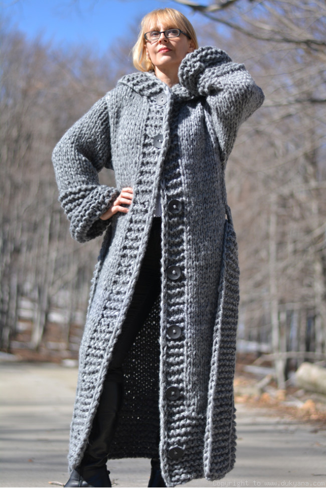 Hand-knit long chunky wool blend hooded cardigan in gray/CA43