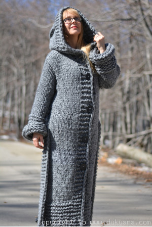 Hand knit long chunky wool blend hooded cardigan made on request