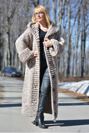Hand knit long chunky wool blend hooded cardigan in oatmeal