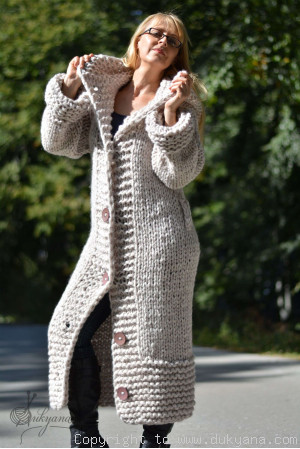 Hand knit long chunky wool blend hooded cardigan in oatmeal