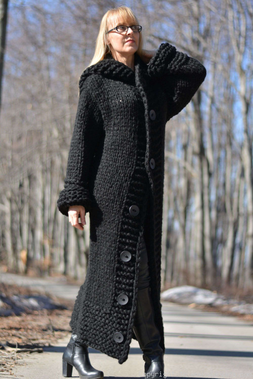 Handknit long chunky wool blend hooded cardigan in black